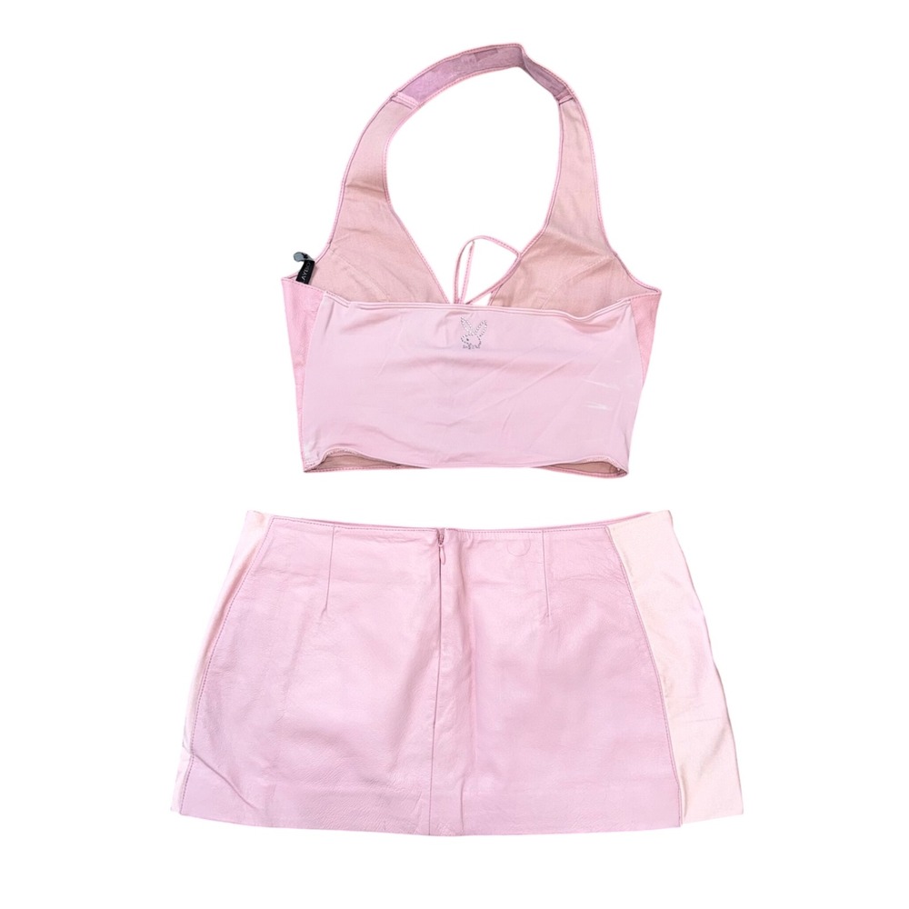 Playboy Leather Skirt Set Womens Large Pink Excellent Y2K Lace Up Halter 2pc - Picture 2 of 15